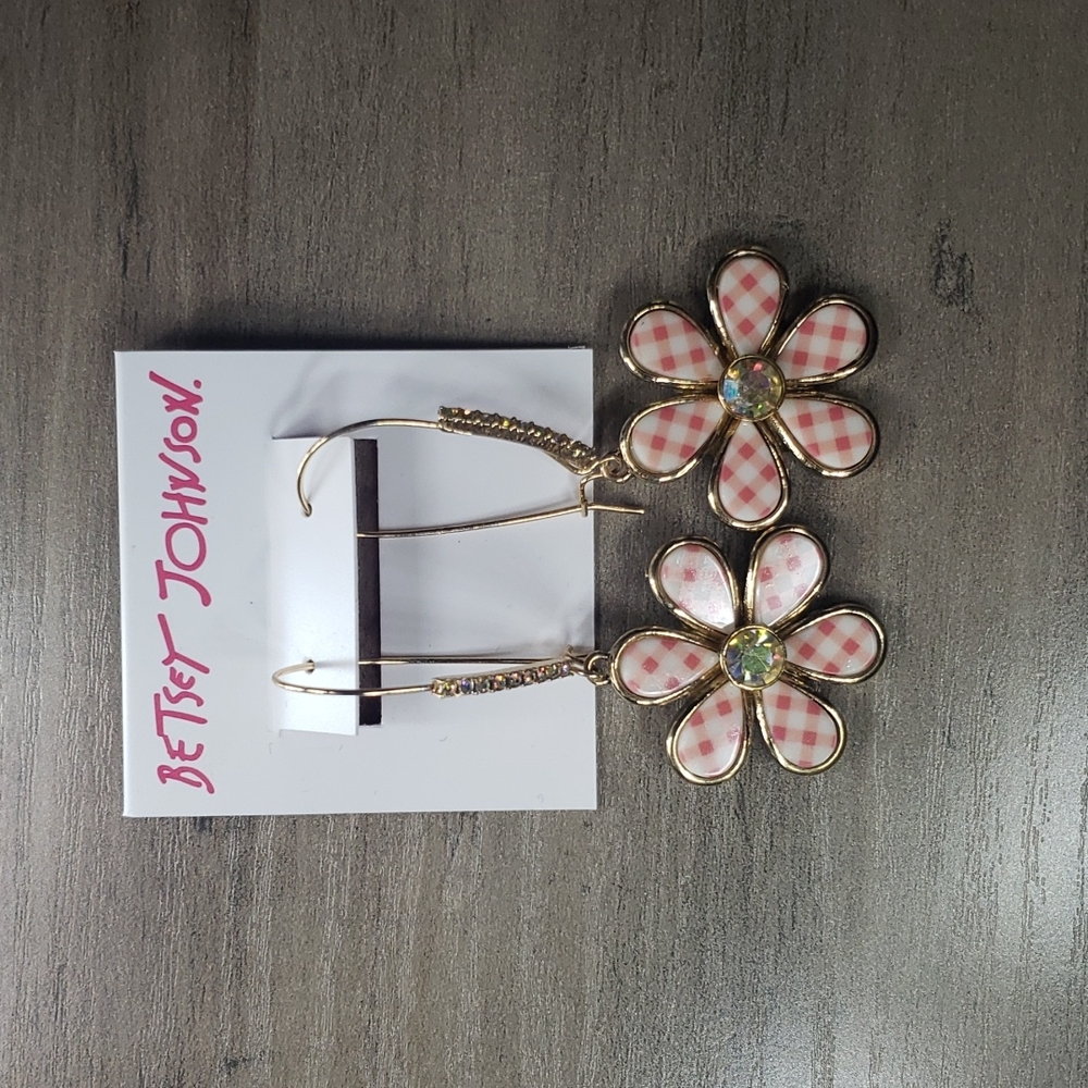 Betsey Johnson Hanging Earrings Red/Pink Gingham Flowers Daisies